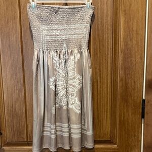 Strapless Smocked Midi Dress in Taupe with White Print